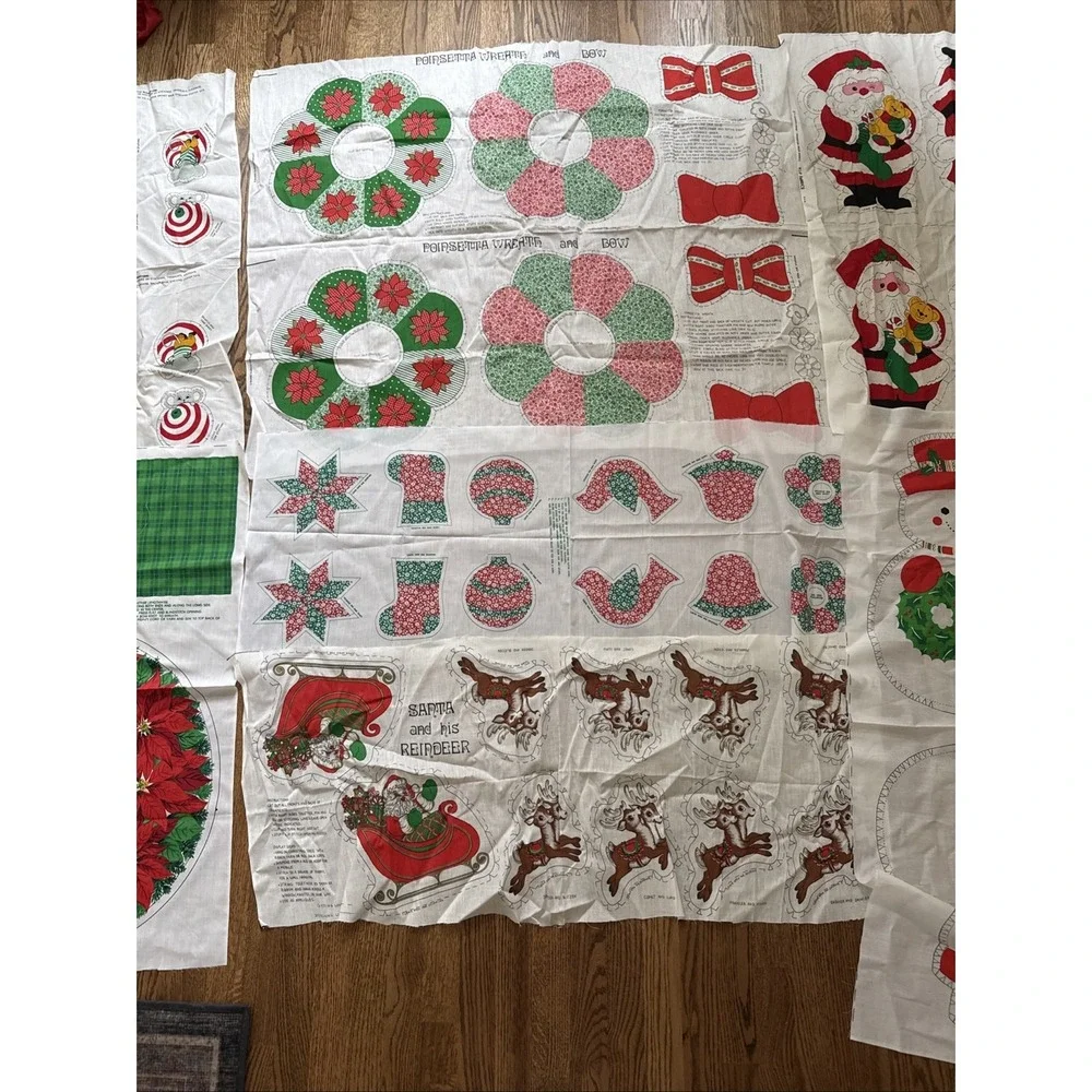 Vintage Set Of 7 Christmas Wreath Ornaments Snowman Cut & Sew Cotton Panels